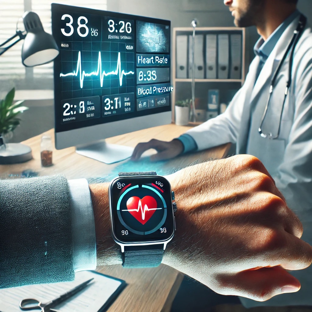 An image split into two parts_ on the left side, a close-up of a hand wearing a smartwatch displaying a health app showing heart rate and blood pressure